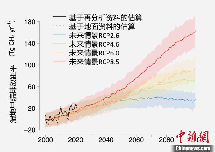 基于觀測的濕地甲烷排放變化與未來氣候變化情景下估算的對比?！≈锌圃呵嗖馗咴?供圖