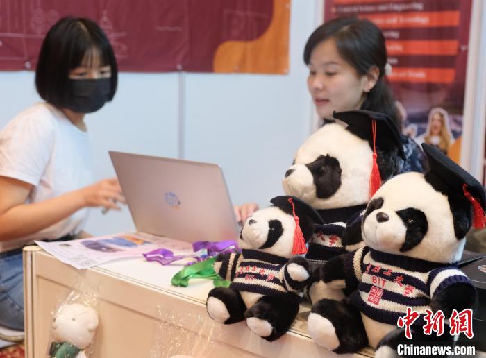 北京理工大學帶來可愛熊貓玩偶，頗為吸睛 陳悅 攝