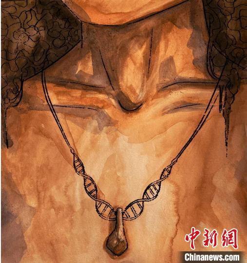 墜飾藝術(shù)再現(xiàn)圖，圖中吊墜繩為DNA螺旋樣式(圖片作者M(jìn)yrthe Lucas)?！∈┢樟指瘛ぷ匀?供圖