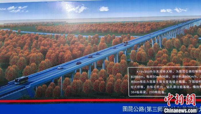 大橋穿越近3000米的原始胡楊林保護(hù)區(qū)。圖為工程效果圖?！∈酚窠?攝