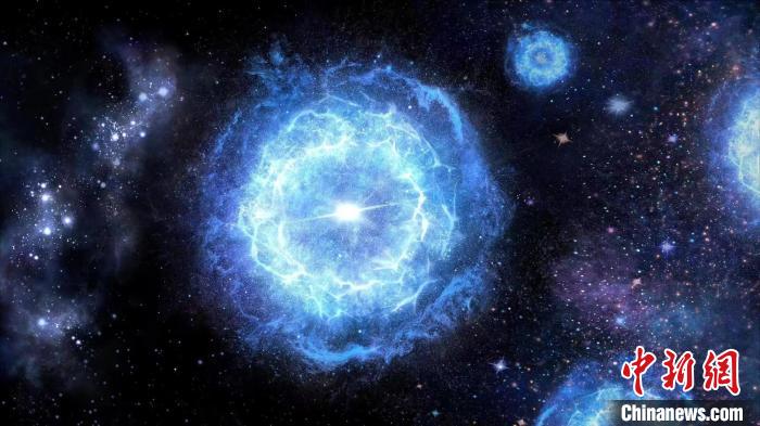 第一代超大質(zhì)量恒星演化成為“對(duì)不穩(wěn)定超新星”的藝術(shù)展示圖?！≈锌圃簢?guó)家天文臺(tái) 供圖