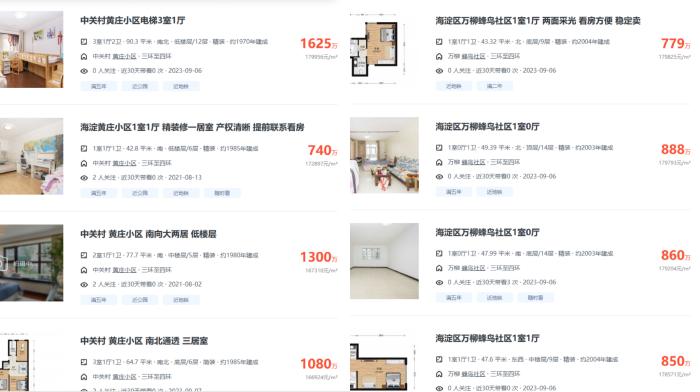 北京市海淀區(qū)部分高單價(jià)二手房源截圖。