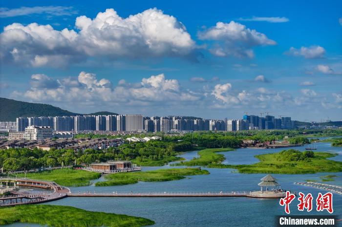 資料圖：航拍蘇州太湖湖濱國家濕地公園，藍天碧水生態(tài)美。 泱波 攝