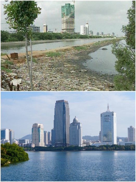 上圖：筼筜湖治理前資料圖。下圖：筼筜湖如今的美麗風(fēng)光。人民網(wǎng)記者 吳超嵐攝