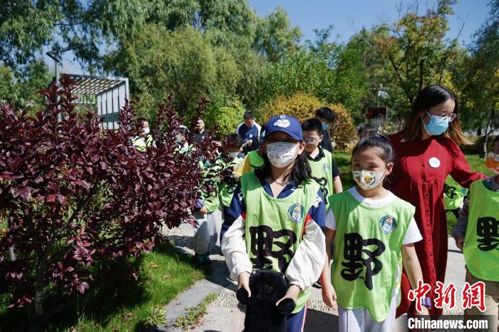 圖為小朋友在青海西寧湟水國家濕地公園內(nèi)認(rèn)識植物?！●R銘言 攝