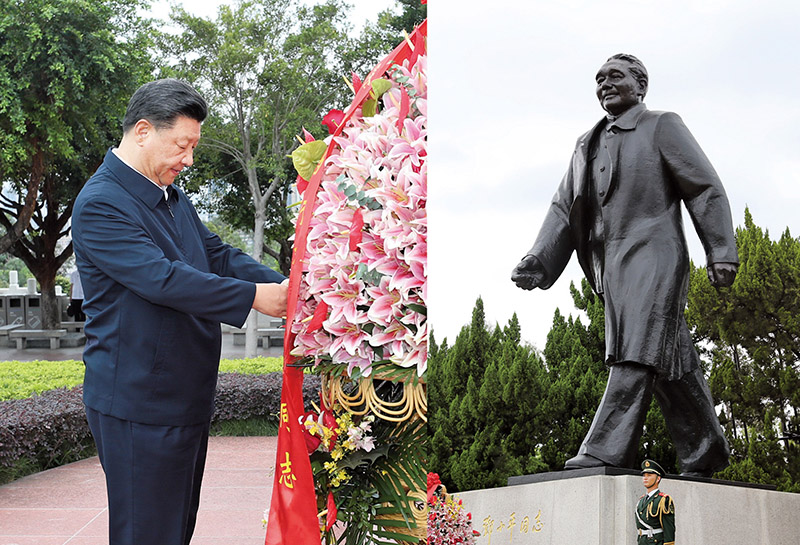 2020年10月14日，習(xí)近平總書記向深圳蓮花山公園鄧小平同志銅像敬獻(xiàn)花籃。