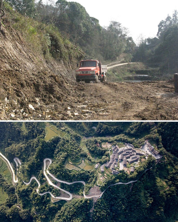 拼版照片：上圖為2011年12月拍攝的湖南省湘西土家族苗族自治州花垣縣十八洞村進村道路；下圖為2019年9月拍攝的十八洞村及進村道路。