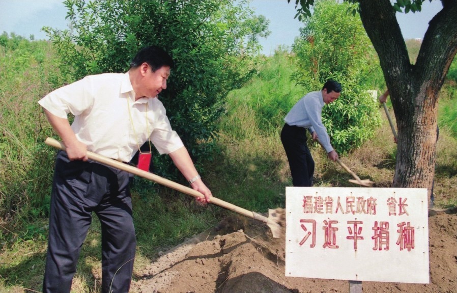 2001年10月，習(xí)近平在龍巖市長汀縣調(diào)研水土流失治理工作，在河田世紀(jì)生態(tài)園為樹培土。圖源：《習(xí)近平在福建（下）》