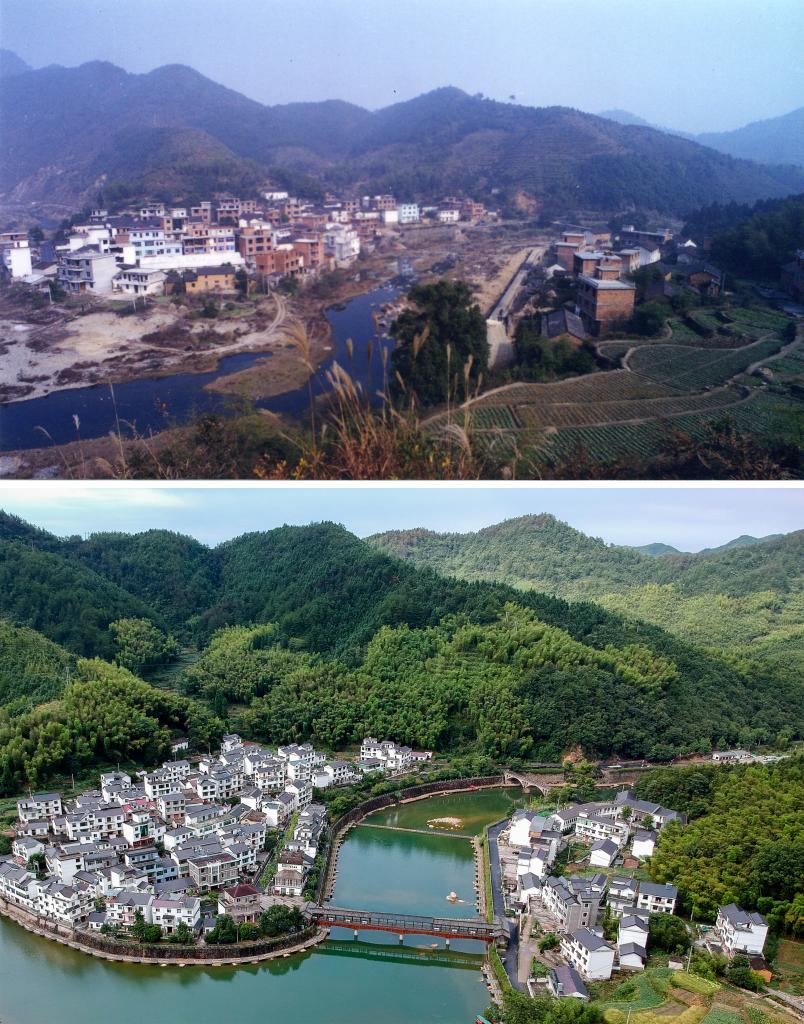 圖為浙江省杭州市淳安縣楓樹嶺鎮(zhèn)下姜村拼版圖，其中上圖為資料照片、下圖由新華社記者張鋮攝。