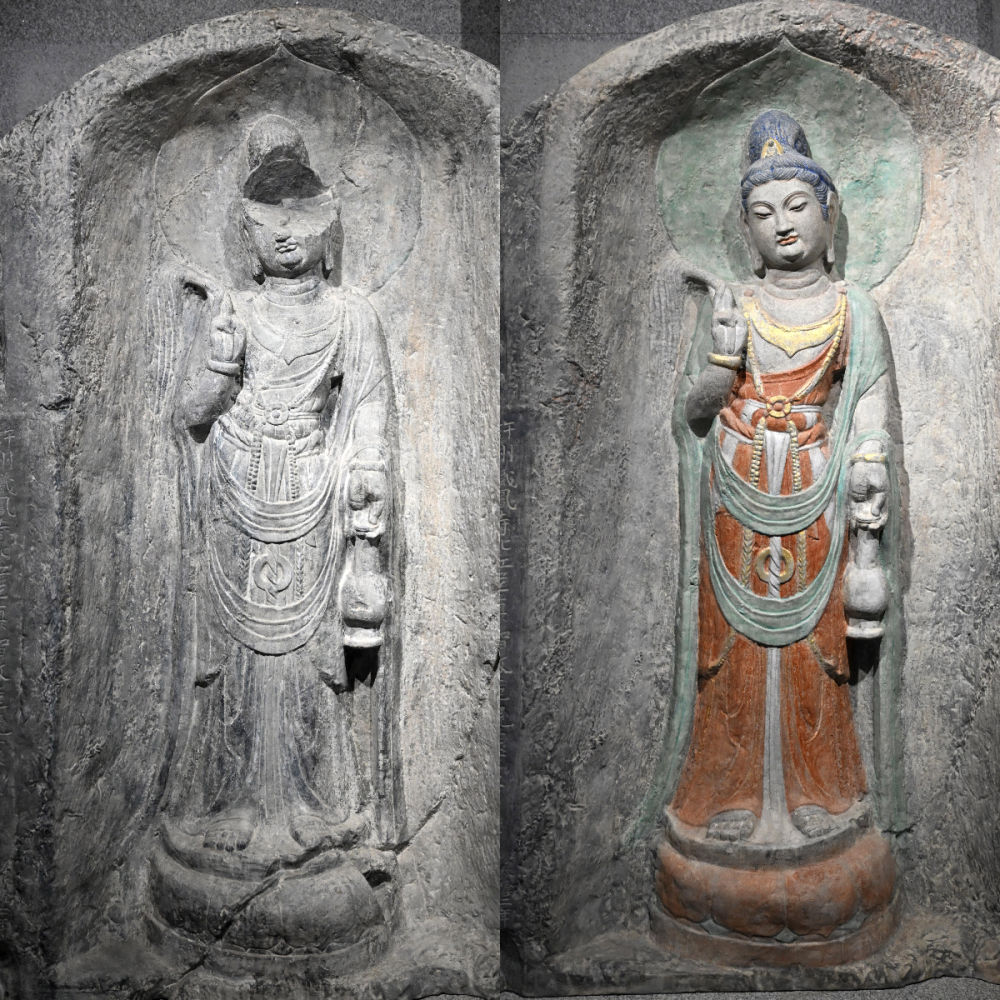 左圖為龍門石窟萬佛洞窟前南壁菩薩造像的3D打印模型；右圖為利用數(shù)字化技術(shù)復(fù)原后的3D打印模型（2025年4月10日攝，拼版照片）。復(fù)原后的像龕精妙絕倫，栩栩如生，被游客譽為“龍門最美菩薩”。圖片來源新華社