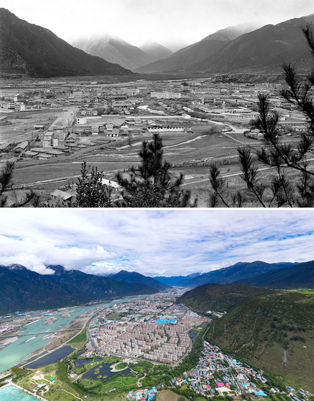 拼版照片：上圖是20世紀(jì)90年代的西藏林芝八一鎮(zhèn)；下圖是2021年7月20日拍攝的西藏林芝八一鎮(zhèn)風(fēng)貌。