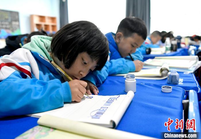 3月14日，西藏拉薩市第一小學(xué)一年級(jí)六班的學(xué)生們?cè)诓卣Z文課上書寫藏文?！±盍?攝