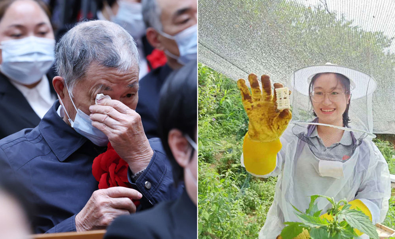 左圖為2021年2月25日，黃文秀的父親黃忠杰在全國脫貧攻堅表彰大會上；右圖為黃文秀生前工作照。