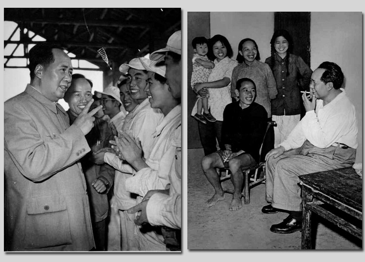 左圖：1959年，毛主席在安徽視察工廠時(shí)，同煉鋼工人親切談話。右圖：1959年，毛主席在湖南視察韶山，同貧農(nóng)社員親切談話。